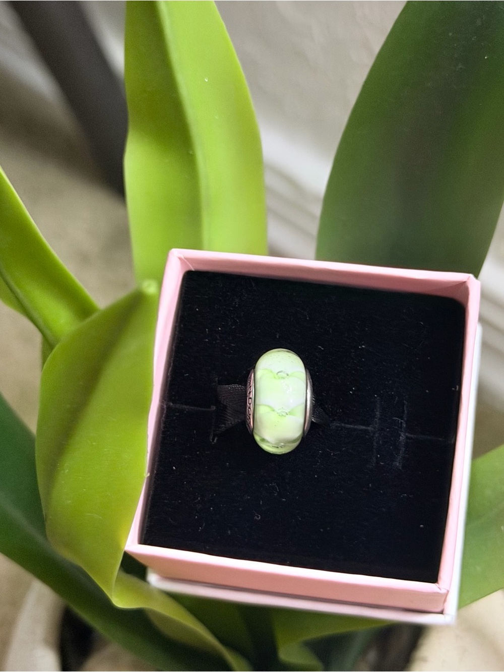 Authentic Pandora Light Green Murano Glass Silver Charm Bead